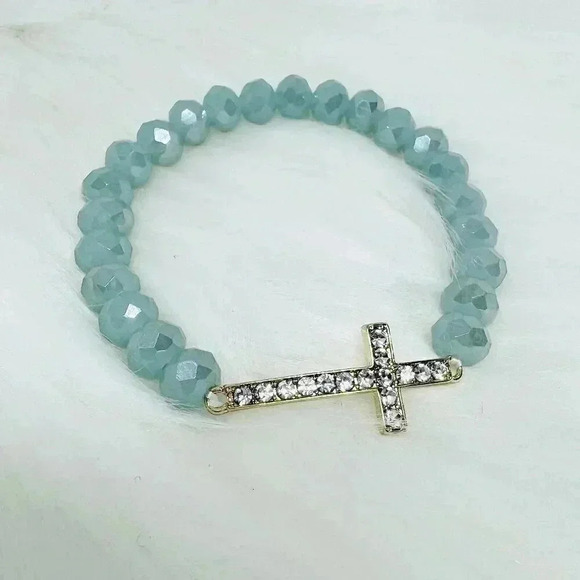 Navy Blue Beaded Bracelet with Rhinestones Cross - Picture 5 of 6